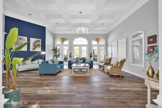 interior space featuring a high ceiling, dark wood-type flooring, beamed ceiling, and french doors