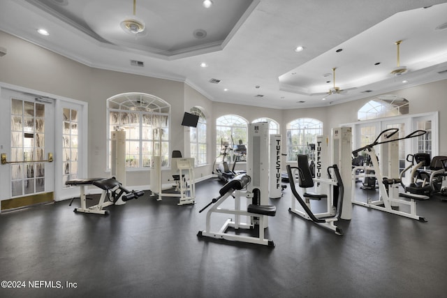 workout area with ornamental molding, ceiling fan, and a tray ceiling