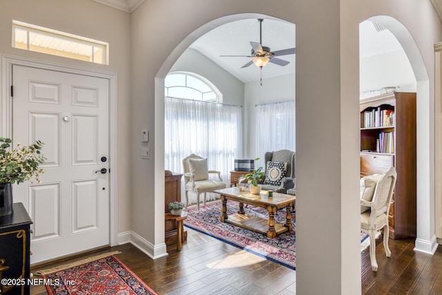 entrance foyer with ceiling fan, lofted ceiling, and dark hardwood / wood-style flooring