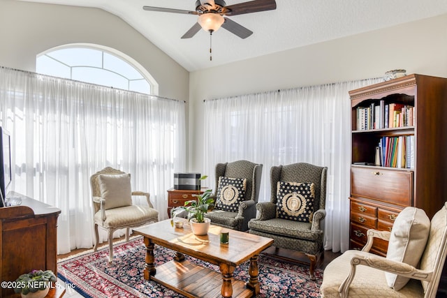 living room with lofted ceiling and ceiling fan