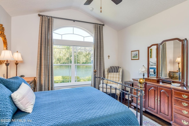 bedroom featuring hardwood / wood-style flooring, vaulted ceiling, and a textured ceiling