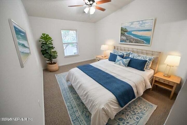 carpeted bedroom featuring lofted ceiling and ceiling fan