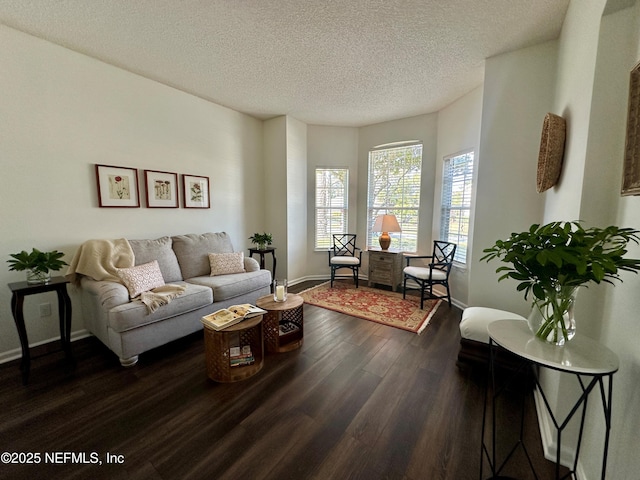 living room with a textured ceiling and dark hardwood / wood-style flooring