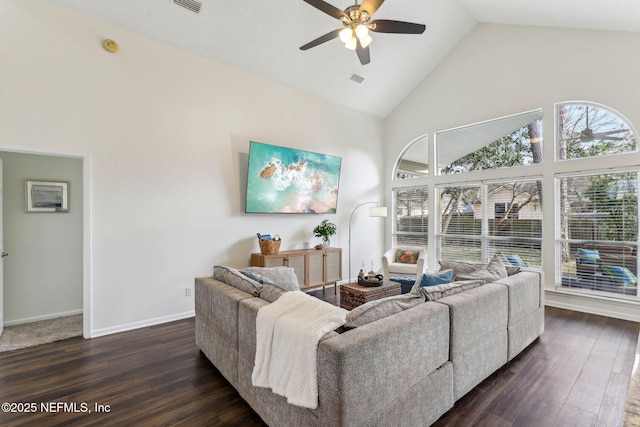 living room with ceiling fan, dark hardwood / wood-style flooring, and high vaulted ceiling