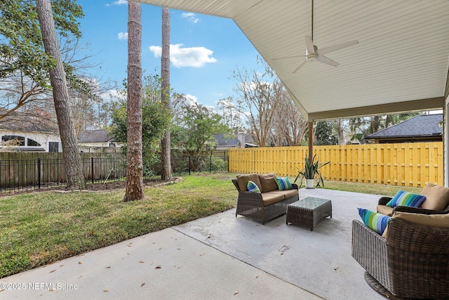 view of patio with an outdoor hangout area and ceiling fan