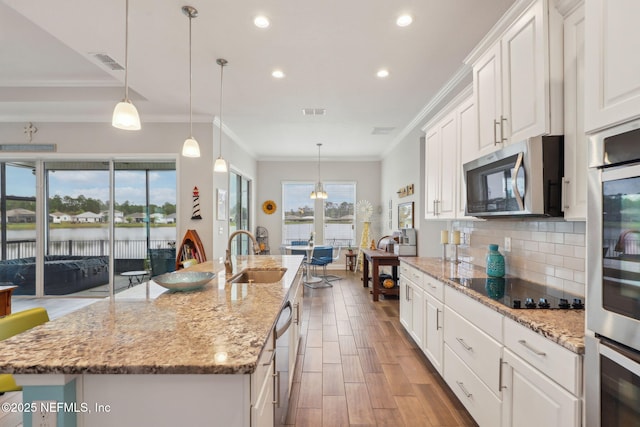 kitchen featuring tasteful backsplash, visible vents, appliances with stainless steel finishes, wood finished floors, and a sink