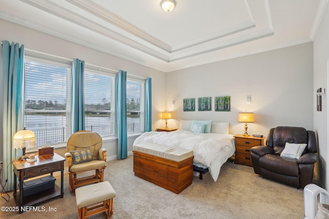 carpeted bedroom featuring crown molding, a raised ceiling, and baseboards