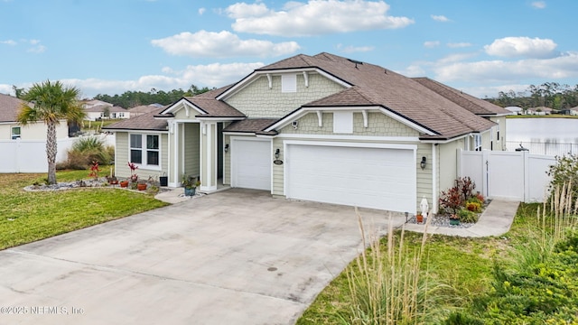 view of front of property with an attached garage, driveway, a front lawn, and fence