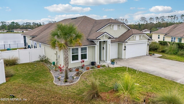 view of front of house with fence, driveway, a shingled roof, a front lawn, and a garage