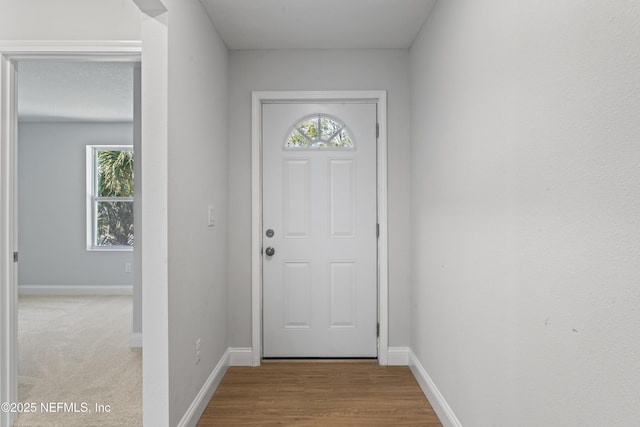 doorway with a healthy amount of sunlight and light hardwood / wood-style floors