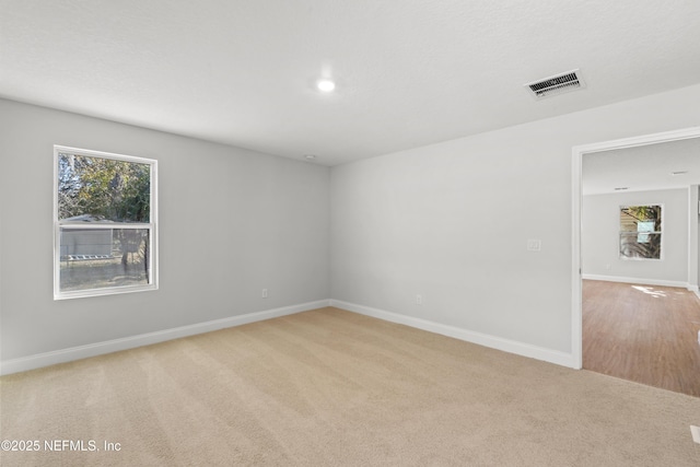 empty room featuring light colored carpet and a textured ceiling