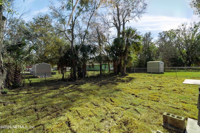 view of yard featuring a storage unit