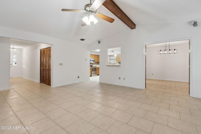 tiled empty room featuring lofted ceiling with beams and ceiling fan