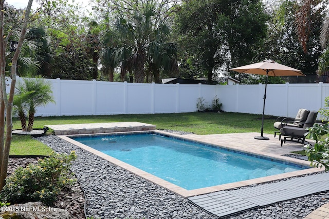 view of swimming pool with a lawn and a patio area