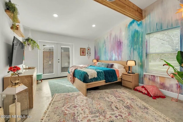 bedroom featuring access to exterior, french doors, and beamed ceiling