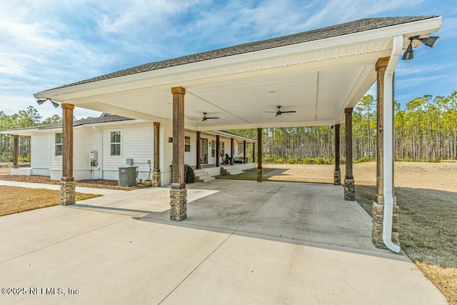 view of patio / terrace with cooling unit, ceiling fan, and a porch