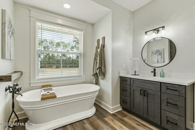 bathroom featuring vanity, wood-type flooring, and a tub