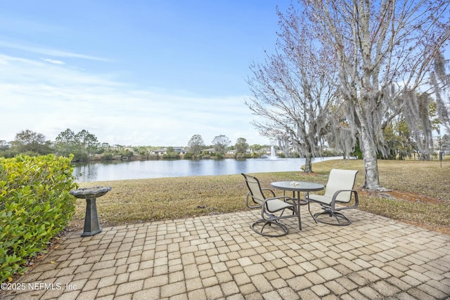 view of patio with a water view