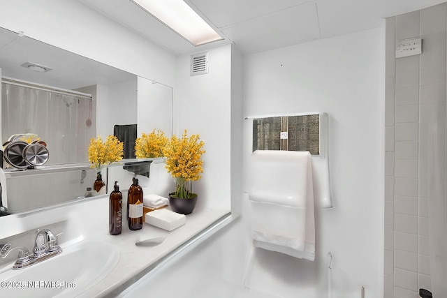 bathroom with vanity and curtained shower