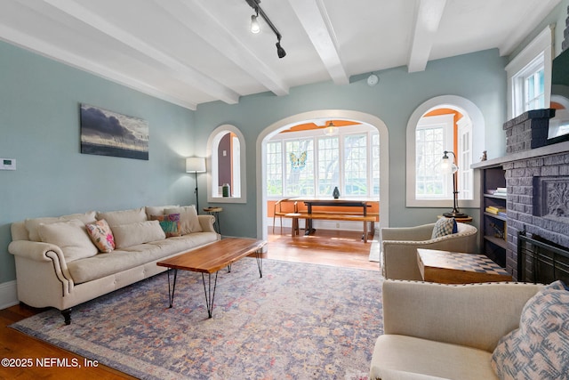 living room with wood-type flooring, rail lighting, and beam ceiling