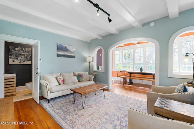 living room featuring hardwood / wood-style flooring, track lighting, and beamed ceiling