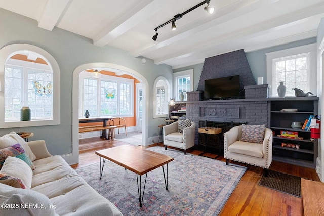 living room with a fireplace, beam ceiling, plenty of natural light, and wood-type flooring