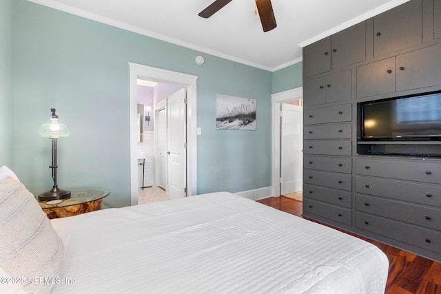 bedroom with wood-type flooring, ornamental molding, ceiling fan, and ensuite bathroom