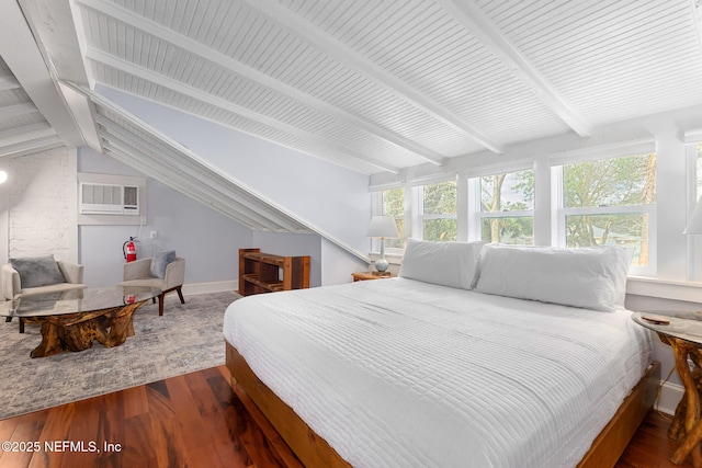 bedroom featuring wood-type flooring and lofted ceiling with beams