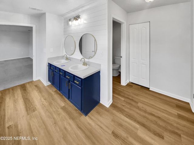 bathroom featuring vanity, toilet, and wood-type flooring