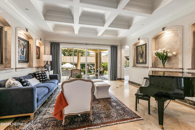 living room featuring crown molding, coffered ceiling, and beam ceiling