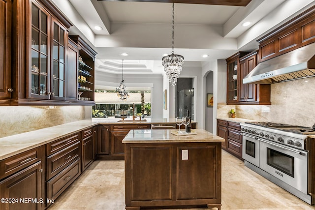 kitchen with pendant lighting, range hood, stainless steel appliances, a kitchen island, and a raised ceiling