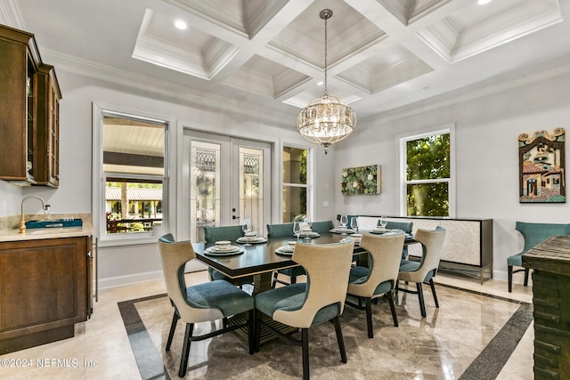 dining room with coffered ceiling, sink, crown molding, and an inviting chandelier