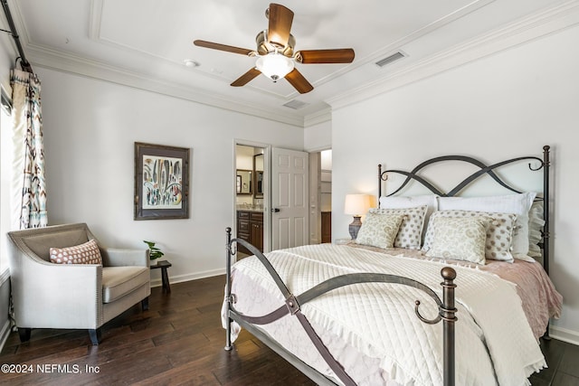 bedroom featuring ornamental molding, ensuite bathroom, ceiling fan, and dark hardwood / wood-style flooring