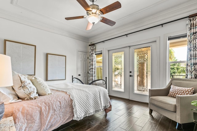 bedroom featuring crown molding, ceiling fan, access to exterior, dark hardwood / wood-style floors, and french doors