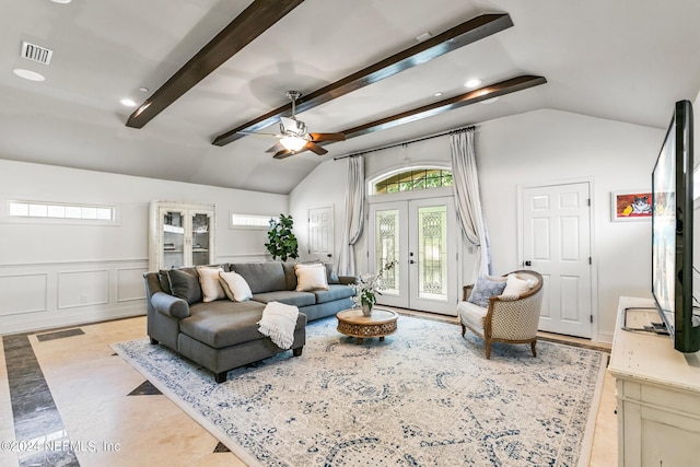 living room featuring vaulted ceiling with beams, ceiling fan, and french doors