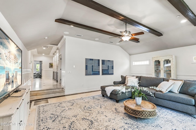 living room with lofted ceiling with beams and ceiling fan