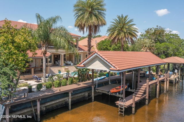 dock area with a patio and a water view