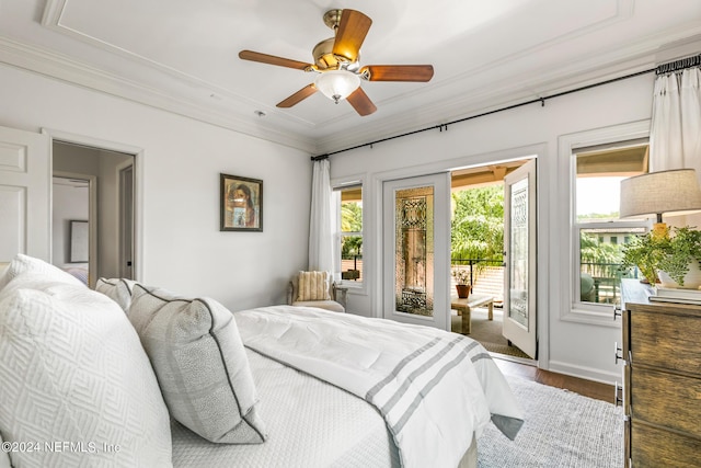 bedroom with crown molding, ceiling fan, access to exterior, and dark wood-type flooring