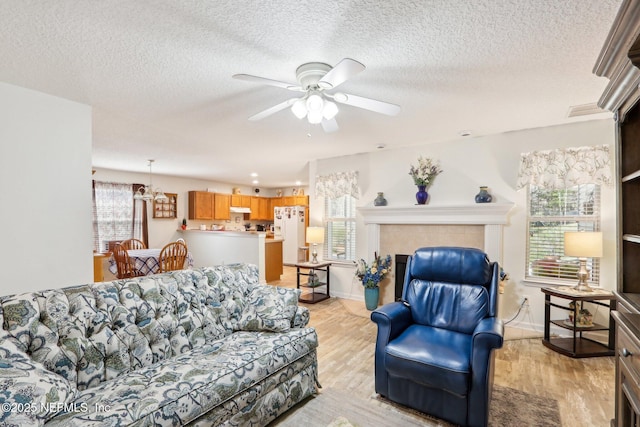 living room featuring a wealth of natural light, light hardwood / wood-style flooring, a textured ceiling, and ceiling fan