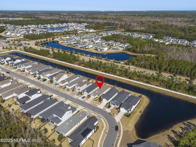 drone / aerial view featuring a water view