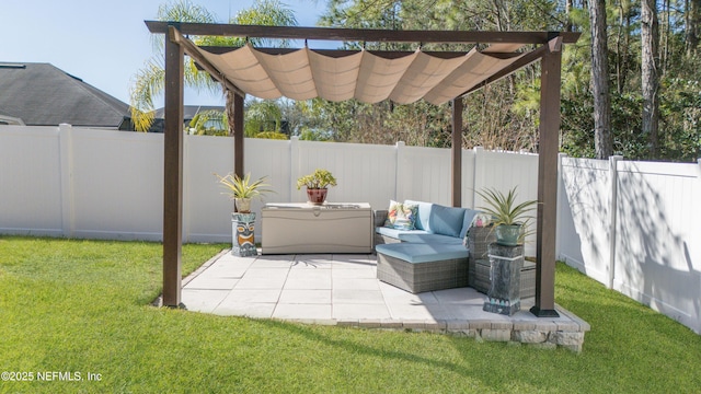 view of patio / terrace with an outdoor hangout area and a pergola