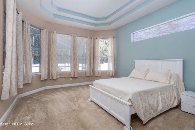 carpeted bedroom with a raised ceiling