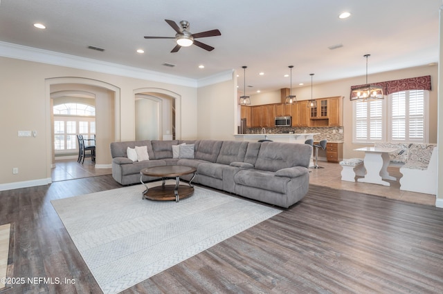 living room with crown molding, a wealth of natural light, and dark hardwood / wood-style floors