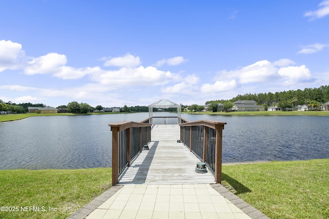 view of dock featuring a gazebo and a water view