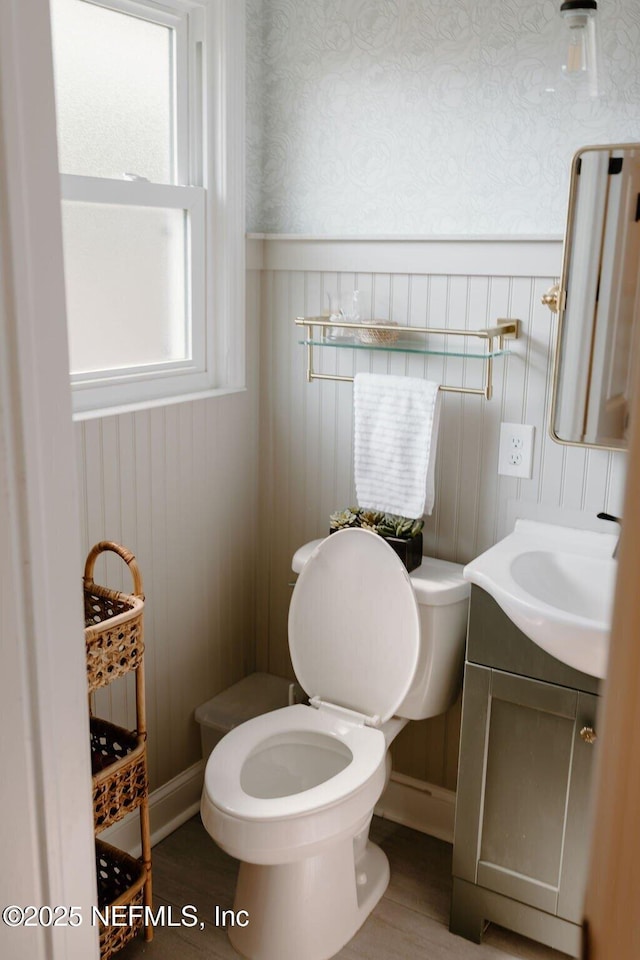 bathroom featuring vanity, wood-type flooring, and toilet