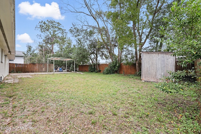 view of yard featuring a storage unit