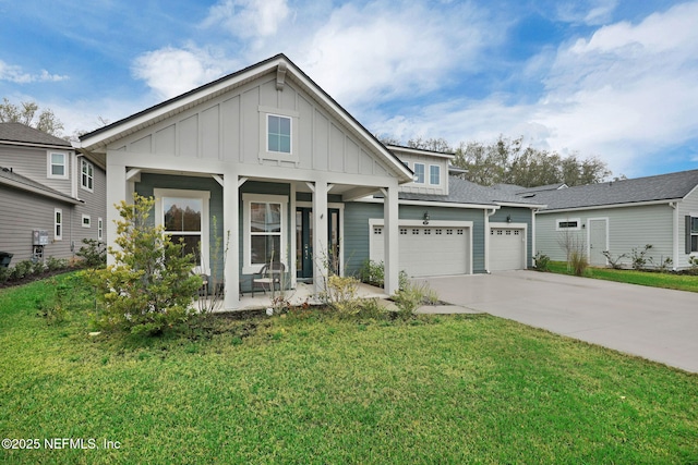 view of front of house featuring an attached garage, covered porch, concrete driveway, board and batten siding, and a front yard