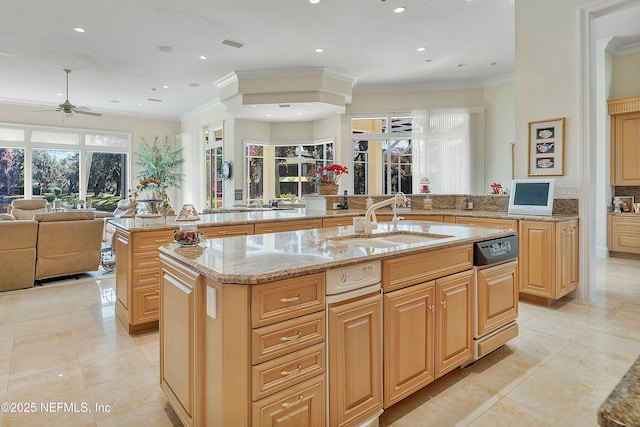 kitchen featuring a kitchen island with sink, sink, light stone counters, and kitchen peninsula