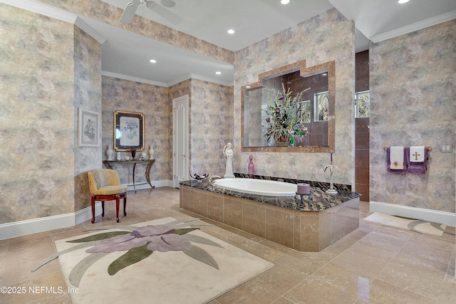 bathroom featuring crown molding, a relaxing tiled tub, and ceiling fan