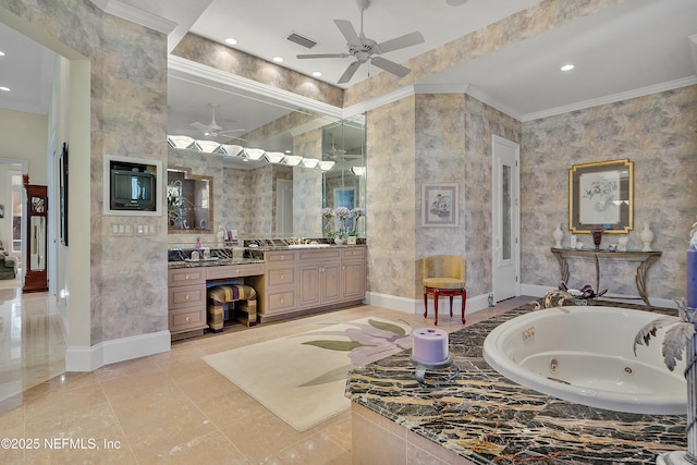 bathroom featuring vanity, a tub to relax in, ornamental molding, and ceiling fan